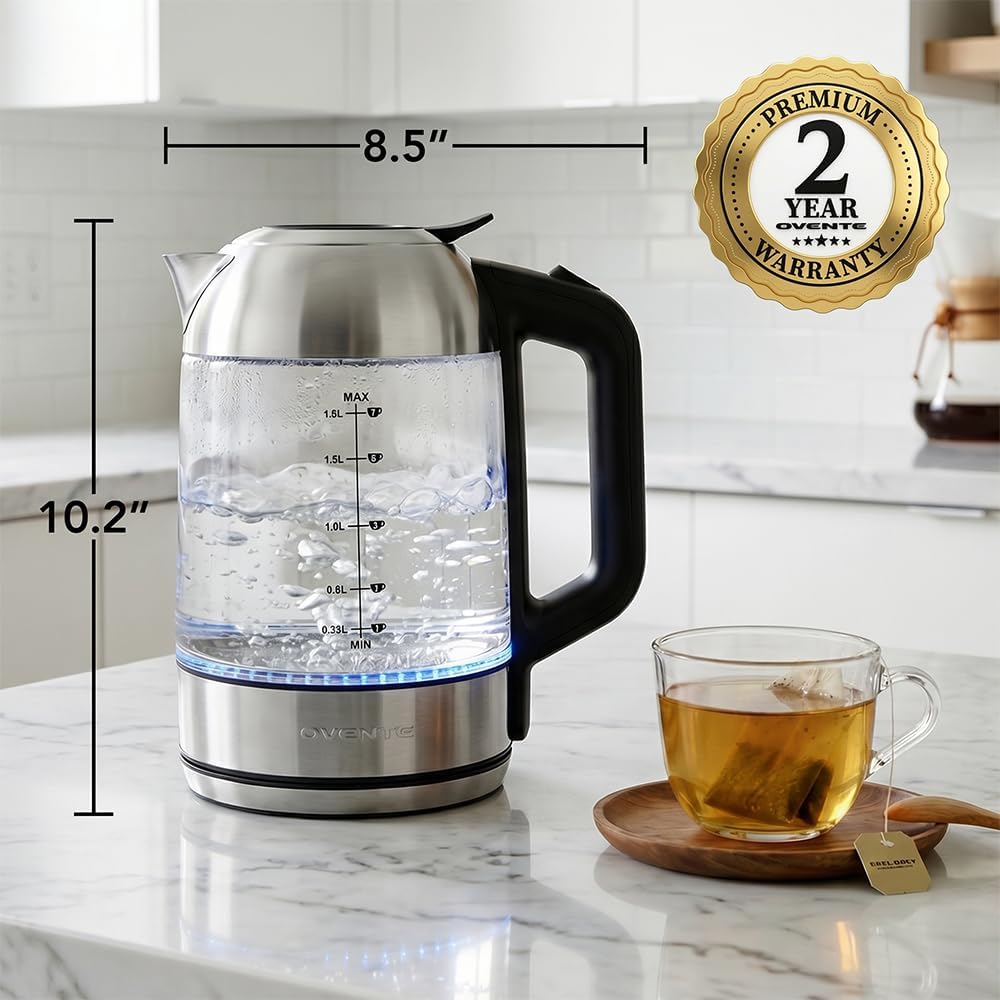 OVENTE 1.8L Glass Electric Kettle Water Boiler, Silver KG751S