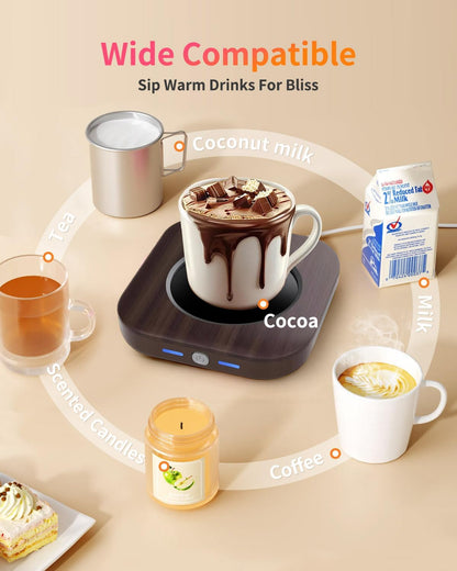 Mug Warmer - 3-Temp Settings Coffee Mug Warmer for Desk with 4 Hrs Auto Shut Off, Fastest Heating & Smart Wood Candle Warmer - Ideal Coffee Gifts Accessories Keep Beverages Coffee Warmer