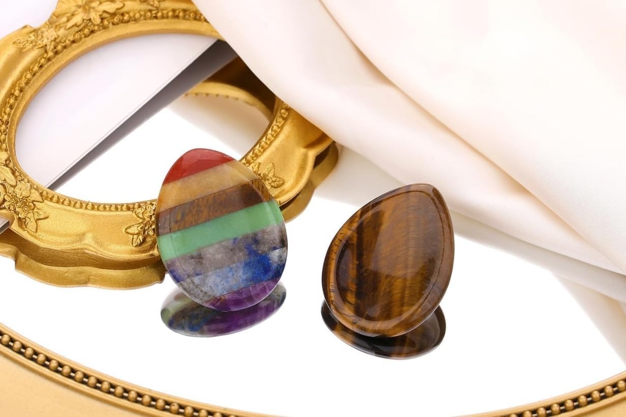 2PCS Worry Stone for Anxiety Tigers Eye Amethyst Healing Crystals Hand Thumb Stones Pocket Gemstones Meditation Accessories Oval Crystal Natural Relax Palm Stone Anxiety Relief Items Stocking Stuffers