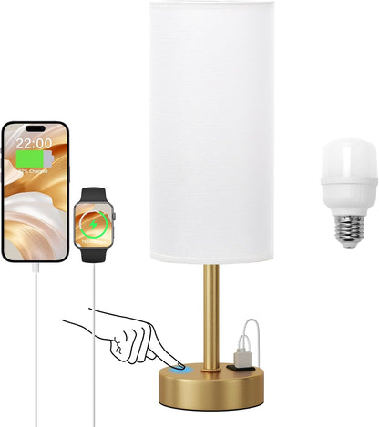 Dicoool Touch Table Lamp for Bedroom, 3 Way Dimmable Bedside Lamp with USB C & A Charging Ports - Small Desk Lamp for Dorm Room, College, Kids, Office, Living Room, White