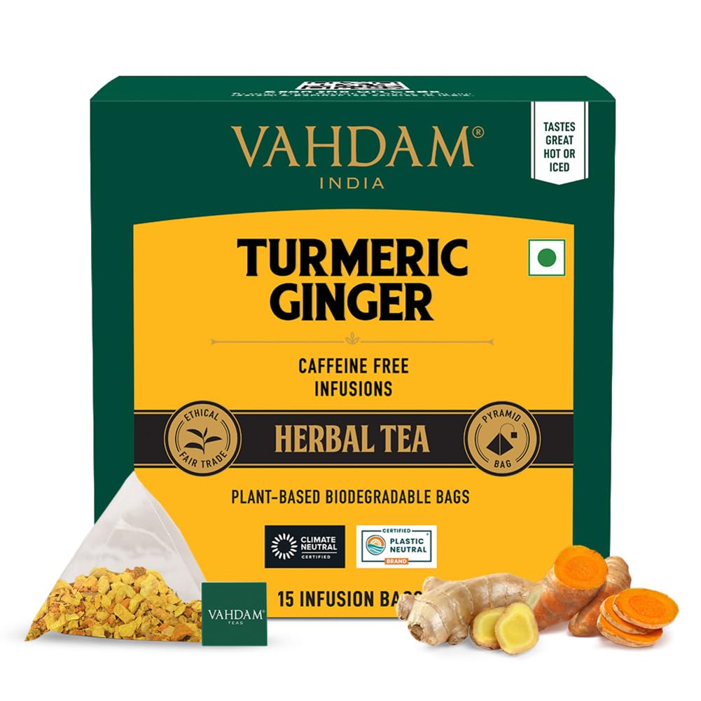VAHDAM Organic Turmeric Ginger Herbal Tea Bags (100 Pyramid Tea Bags) Caffeine Free, Non GMO | 100% Pure Herbal Blend - Savory & Spicy, Plant-Based Teabags | Resealable Ziplock Pouch