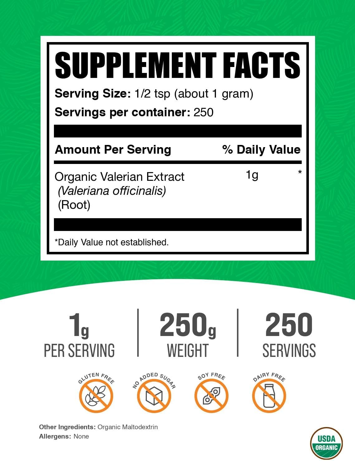 BulkSupplements.com Organic Valerian Extract Powder - Sourced from Valerian Root, Herbal Supplement - Gluten Free, 1g per Serving, 250g (8.8 oz) (Pack of 1)