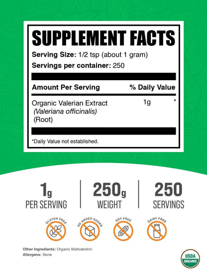 BulkSupplements.com Organic Valerian Extract Powder - Sourced from Valerian Root, Herbal Supplement - Gluten Free, 1g per Serving, 250g (8.8 oz) (Pack of 1)
