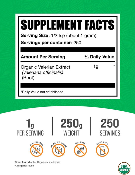 BulkSupplements.com Organic Valerian Extract Powder - Sourced from Valerian Root, Herbal Supplement - Gluten Free, 1g per Serving, 250g (8.8 oz) (Pack of 1)