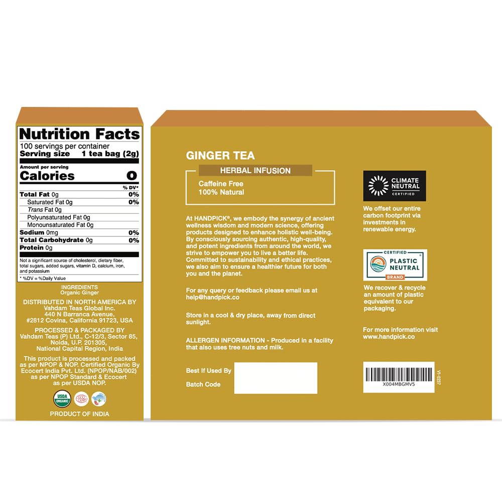 HANDPICK Organic Ginger Tea (100 Tea Bags) 100% Pure Ginger Root, Non GMO