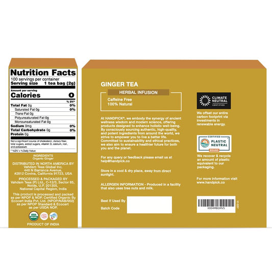 HANDPICK Organic Ginger Tea (100 Tea Bags) 100% Pure Ginger Root, Non GMO