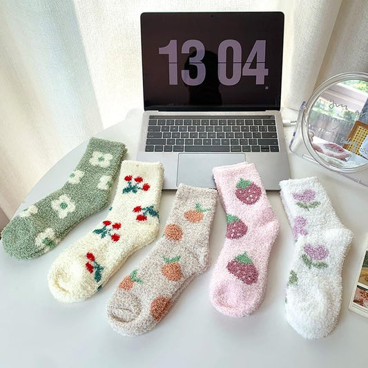 Kelabia 5 Pair Cute Floral Fuzzy Socks, Women Fluffy Slippers, Cottagecore Winter Thick Cozy Vintage Long Socks