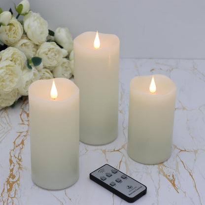 TECHLONG Flickering Flameless Candles with 3D Moving Flame, Last 1000+ Hours Battery Operated Candles with Timer, Ivory Real Wax Pillar Electric LED Candle for Wedding Christmas Party/3" x 5"