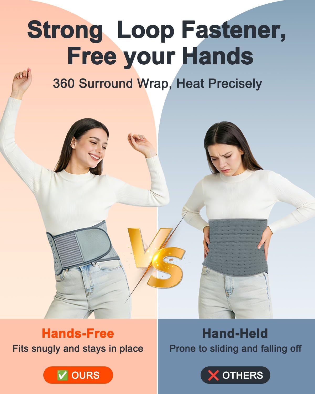 Heating Pad for Back Pain Relief, 12" x 24" + 26" XL Electric Heating Pad for Period Cramps with Loop Fastener for Hands-Free 360 Fit, 4 Timers & 6 Temperatures, Auto Shut-Off, Machine Washable