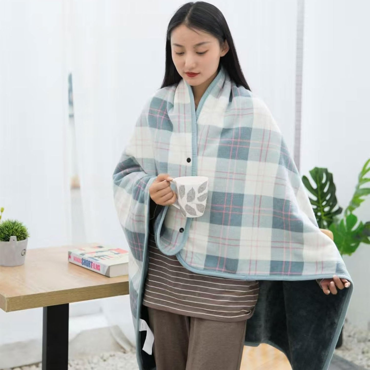 forestfish Fleece Wearable Blanket, Plaid Lap Blanket Comfy Poncho Throw with Buttons for Bed Sofa Office, Grey-White