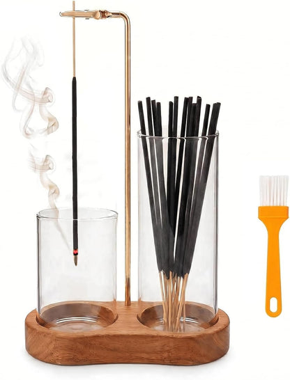 Incense Holder for Sticks with Glass Ash Catcher - Upside Down Anti-Ash Flying Incense Burner & Stick Storage Organizer, Ideal for Meditation, Yoga, Zen Home Decor, Spa Relaxation Gift