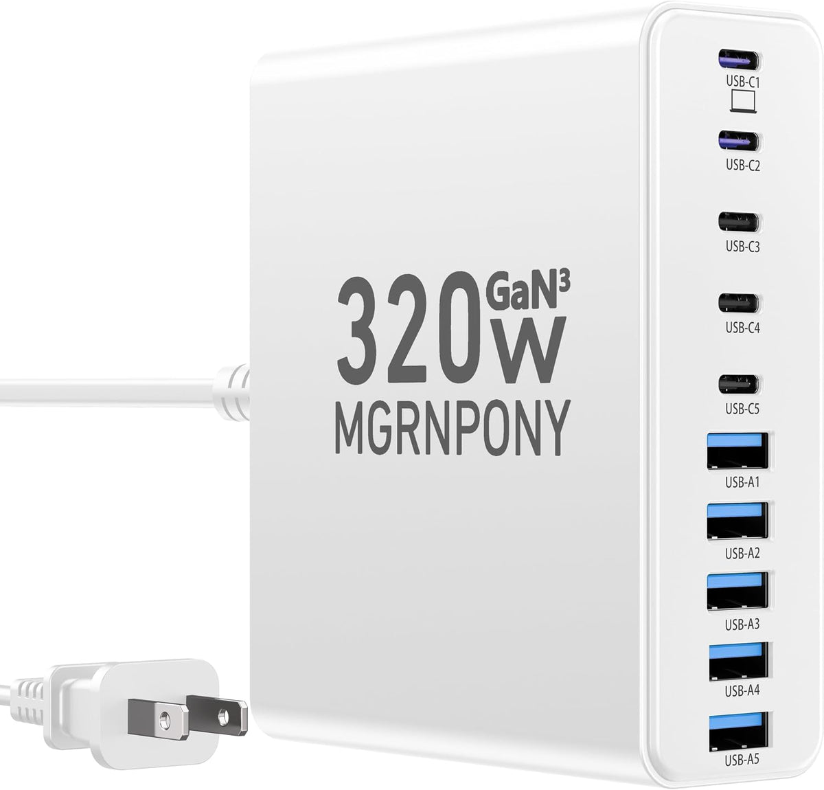 320W USB C Charger Block, MGRNPONY 10-Port GaN USB C Charging Station Black
