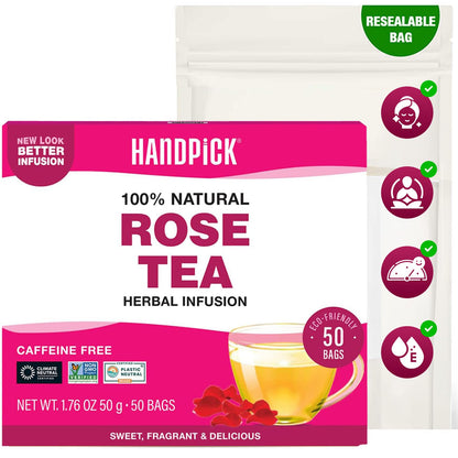 HANDPICK, Rose Buds Herbal Tea Bags - 50 Count | Caffeine Free Rose Tea with Chamomile & Tulsi | Floral & Smooth | Round Eco-conscious Tea Bags