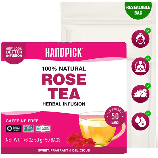 HANDPICK, Rose Buds Herbal Tea Bags - 50 Count | Caffeine Free Rose Tea with Chamomile & Tulsi | Floral & Smooth | Round Eco-conscious Tea Bags