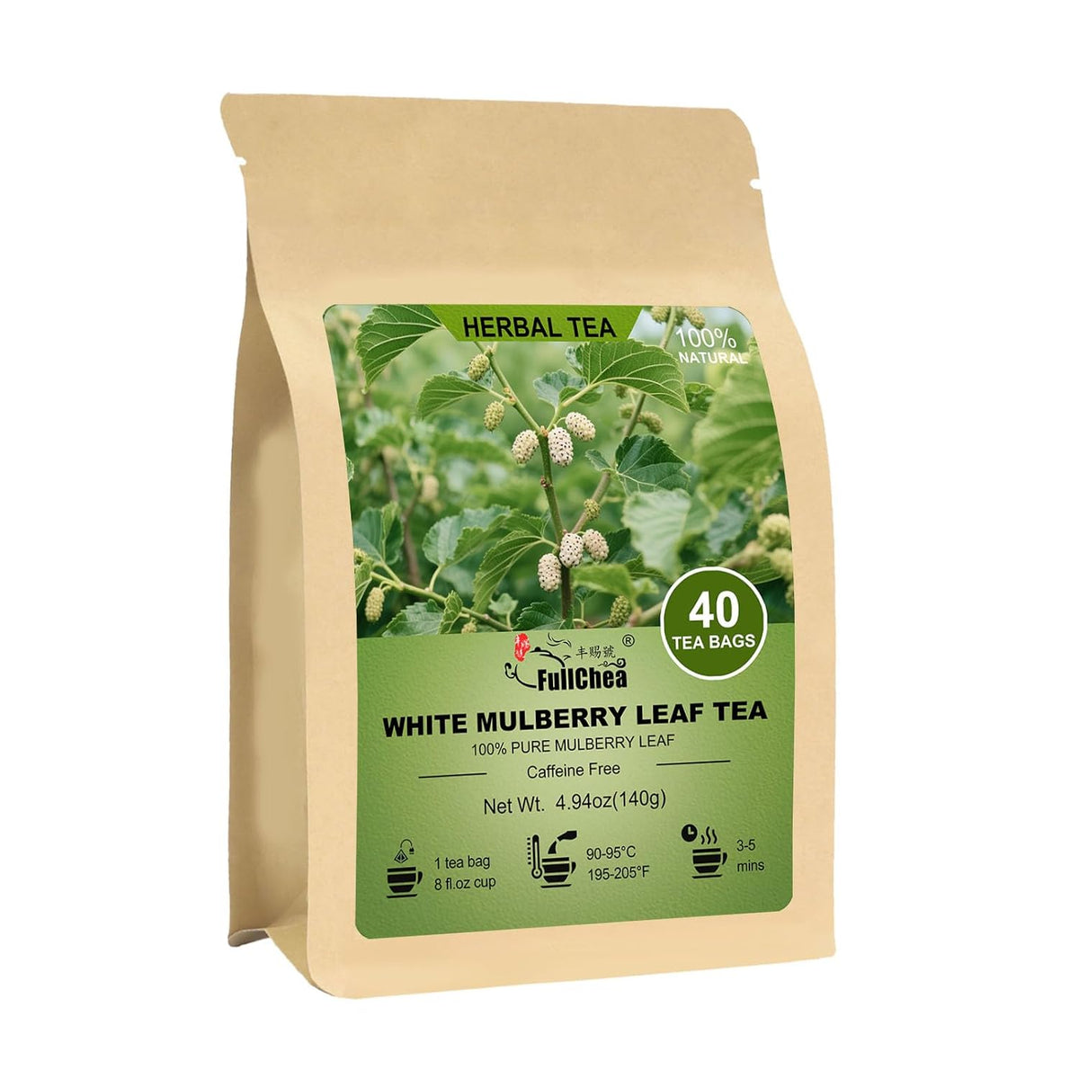 FullChea - White Mulberry Leaf Tea Bags, 40 Ct, Pure Dried Mulberry Tea