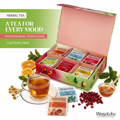 Wissotzky Herbal Tea Gift Set - Variety Pack Sampler (42 Tea Bags) Premium Reusable Gift Box | Caffeine-Free | 6 Exciting Flavors | Individually Wrapped Tea Bags | Ideal Present for Holiday & Corporate Gifting | Magnetic Closure Box | Kosher
