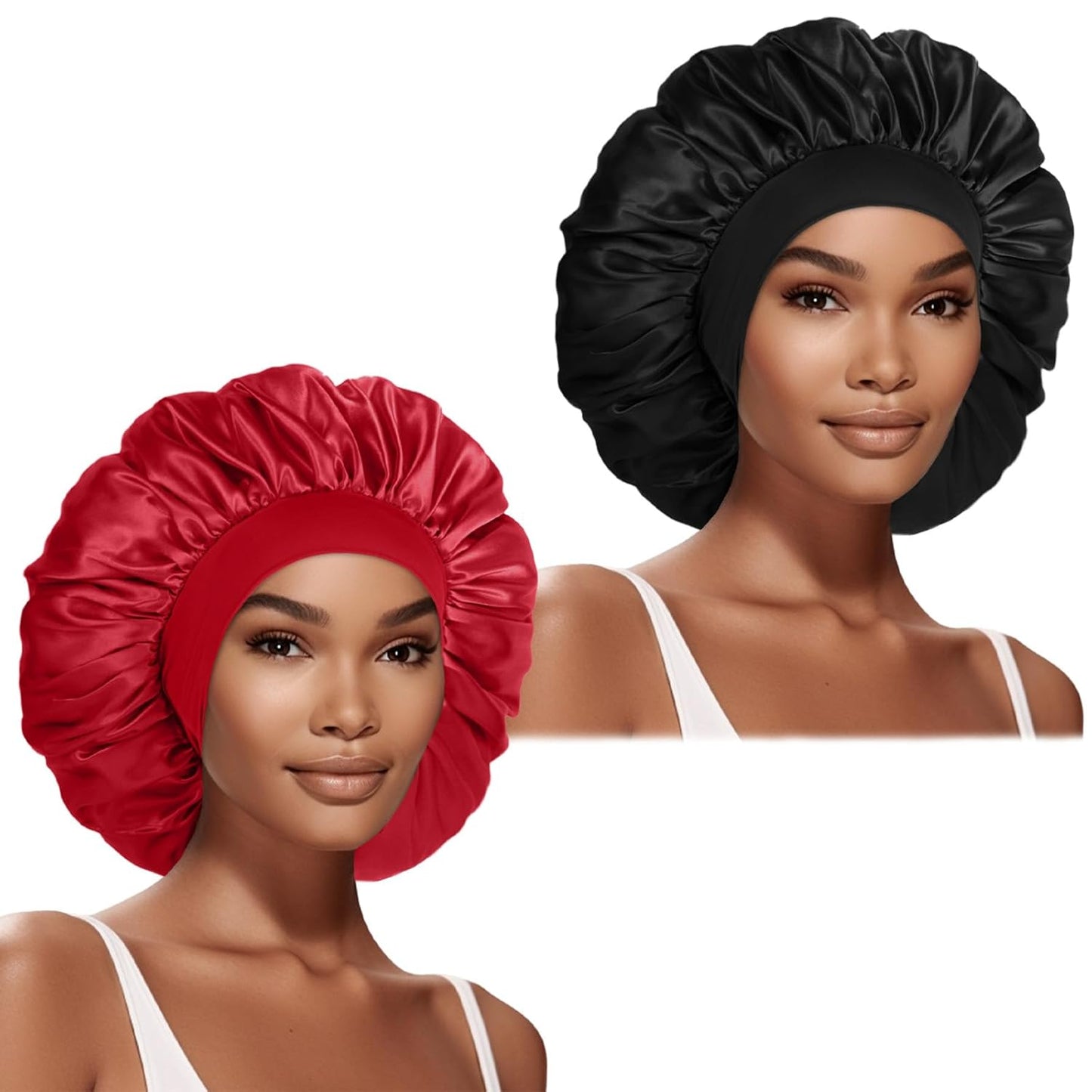 Extra Large Satin Bonnet Hair Cap for Women Men | 17inches, Jumbo Silk Sleep Cap, Wide Elastic Band for Braids Curly Hair Locs, Black