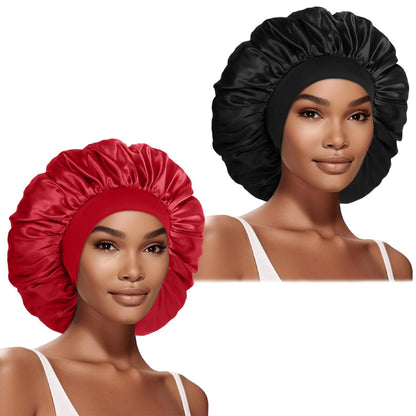 Extra Large Satin Bonnet Hair Cap for Women Men | 17inches, Jumbo Silk Sleep Cap, Wide Elastic Band for Braids Curly Hair Locs, Black