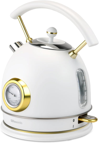Rasonic Retro Electric Kettle Stainless Steel, 1.8L Tea Water Boiler, 1500W Fast Quiet Boil, Temperature Gauge, Auto Shut-Off, Boil-Dry Protection, Matt Black and Rose Gold