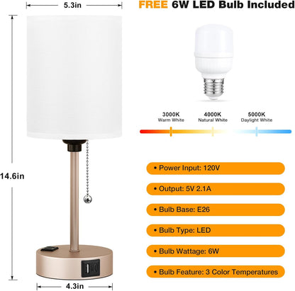 Small Bedside Table lamp for Bedroom - 3 Color Temperatures Bedside Lamps with USB C and A Ports, Pull Chain Table Lamps with AC Outlet, White Nightstand Lamps with Black Metal Base for Kids Reading