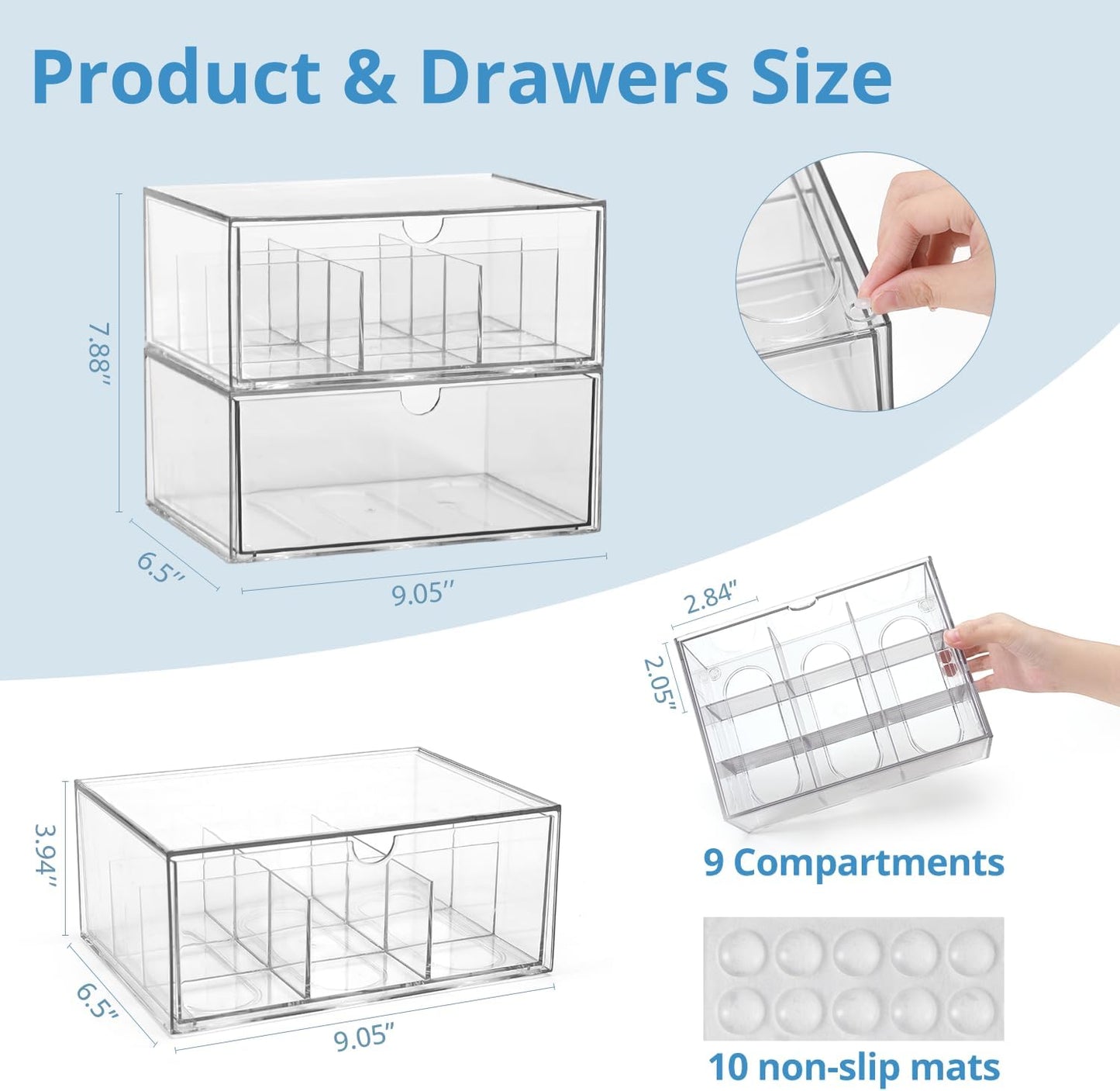CLUQMEIK 2 Large Acrylic Tea Bag Organizer, 9 Grids Tea Organizers and Storage with Acrylic Drawers Stackable, Teabag Holder Organizer for Counter Countertop Kitchen Cabinet