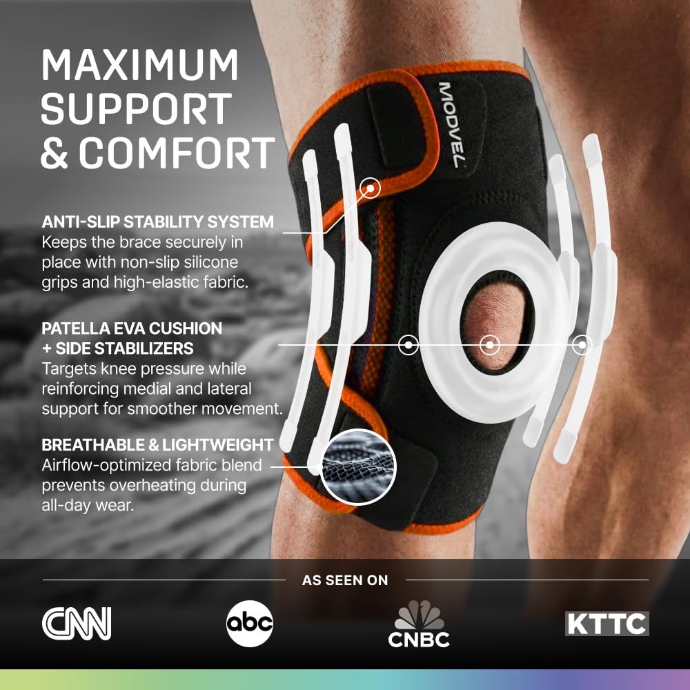 Modvel Knee Brace with Side Stabilizers & Patella Gel Pads for Pain Relief and Joint Support Breathable, Non-Slip Compression Sleeve for Men & Women, Arthritis, Meniscus, ACL Recovery