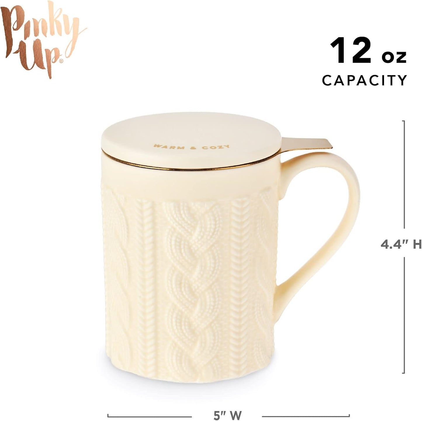 Pinky Up Annette Ceramic Tea Cup with Infuser and Lid, Travel Mug for Loose Leaf Teas, Home Office, Camping, Picnic Party, 12 oz, Set of 1, Honeycomb