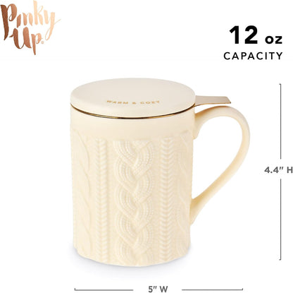 Pinky Up Annette Ceramic Tea Cup with Infuser and Lid, Travel Mug for Loose Leaf Teas, Home Office, Camping, Picnic Party, 12 oz, Set of 1, Honeycomb