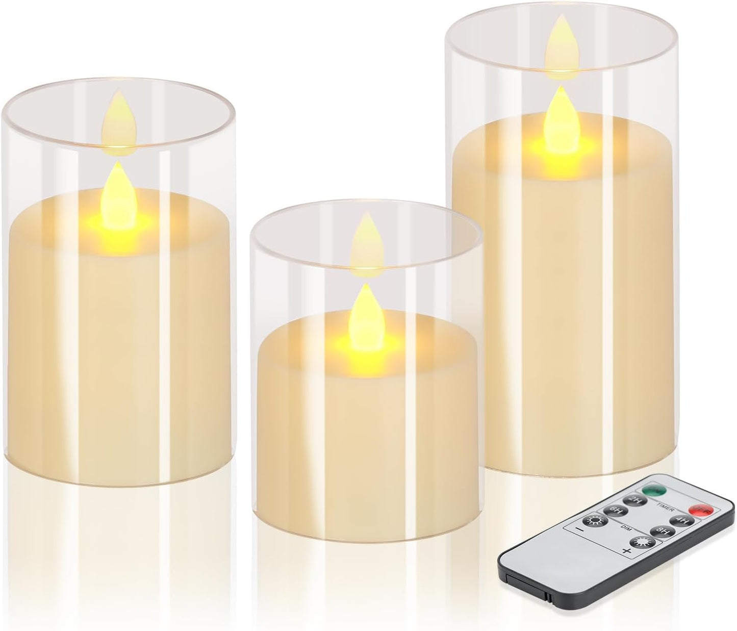 wemarry Flameless Candles 4" 5" 6" Acrylic Glass Pillars 3" Diameter Battery Operated Flickering Candles Include 8-Key Remote with Timer Function 400+ Hours (Gray, Warm Light 3 Pack)