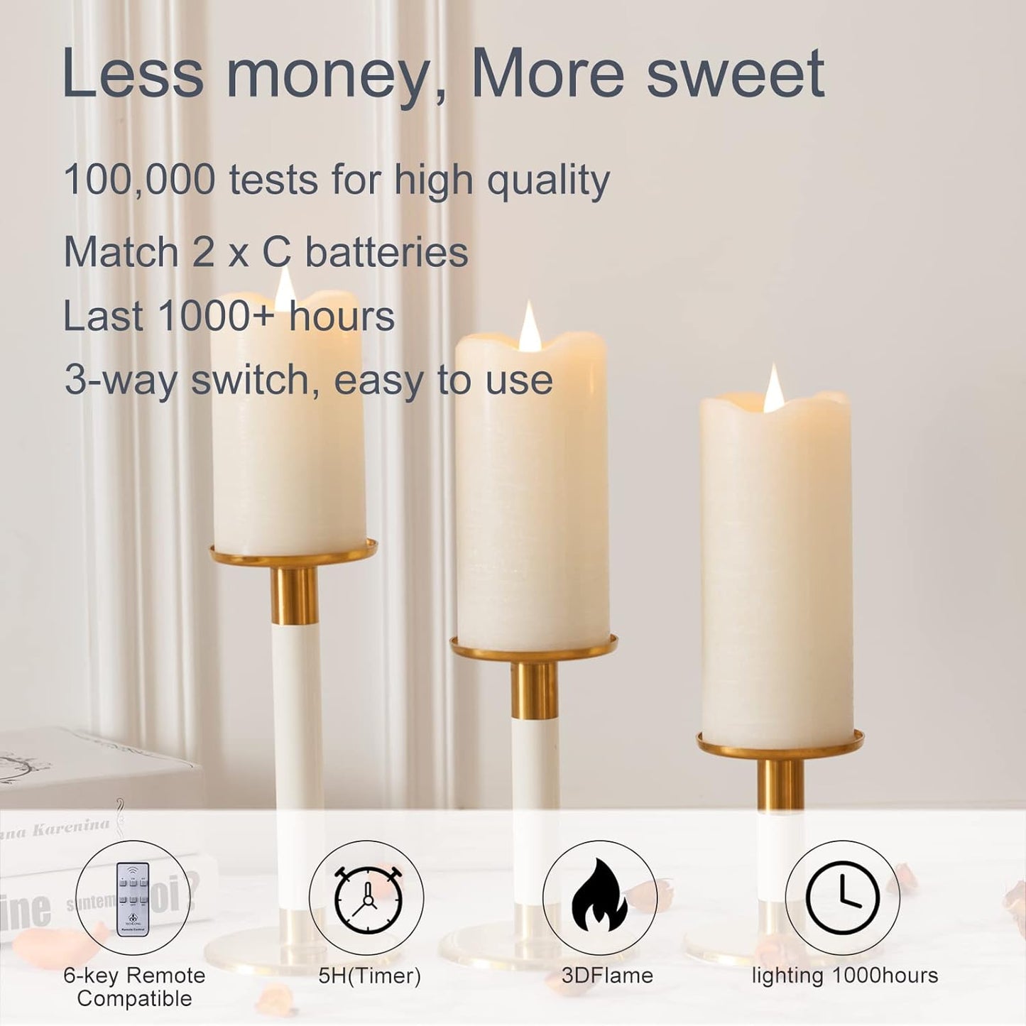 TECHLONG Flameless Candles Battery Operated with Timer, 3D Moving Flame Flickering, Last 600+ Hours Battery Candles, 3" x 3" Ivory Real Wax Electric LED Candle for Wedding Party Decorations