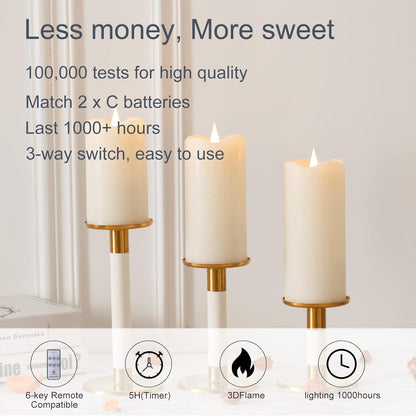 TECHLONG Flickering Flameless Candles with 3D Moving Flame, Last 1000+ Hours Battery Operated Candles with Timer, Ivory Real Wax Pillar Electric LED Candle for Wedding Christmas Party/3" x 5"