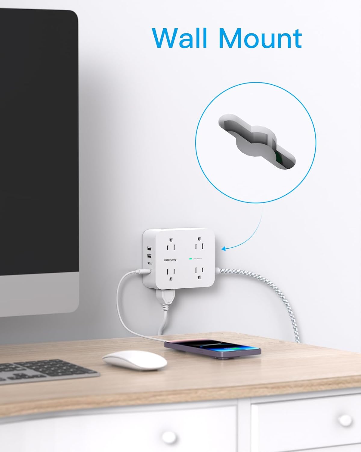 HANYCONY Surge Protector Power Strip, 1080J, 5 Ft Braided Extension Cord
