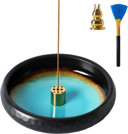 6 Inch Incense Holder with Ash Catcher,Handmade Crack Blue Glaze Ceramic Incense Burner Bowl with 9-Hole Design for Sticks,Cones,Coils Sage,Palo Santo - Perfect for Meditation,Yoga & Zen Home Décor
