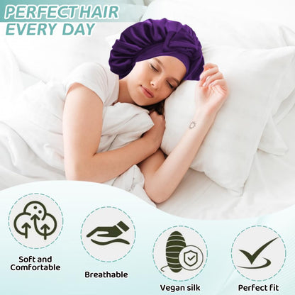VECIIR Silk Bonnet for Sleeping Women, Ajustable Hair Bonnet for Curly Hairs Satin Bonnet Reduce Friction Prevent Frizz Black，Large