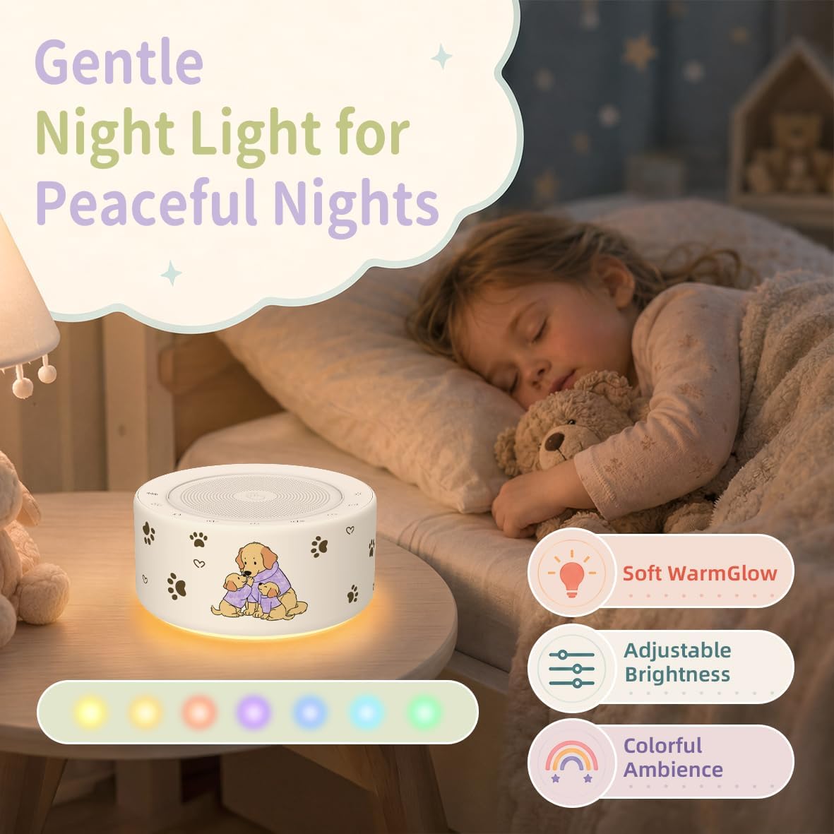 Kipcush White Noise Machine for Baby & Adults, 30 Soothing Sounds, Soft Non-Glare Nursery Lamp, 8 Color Night Lights, Memory Function (Angel V1 White, Standard)