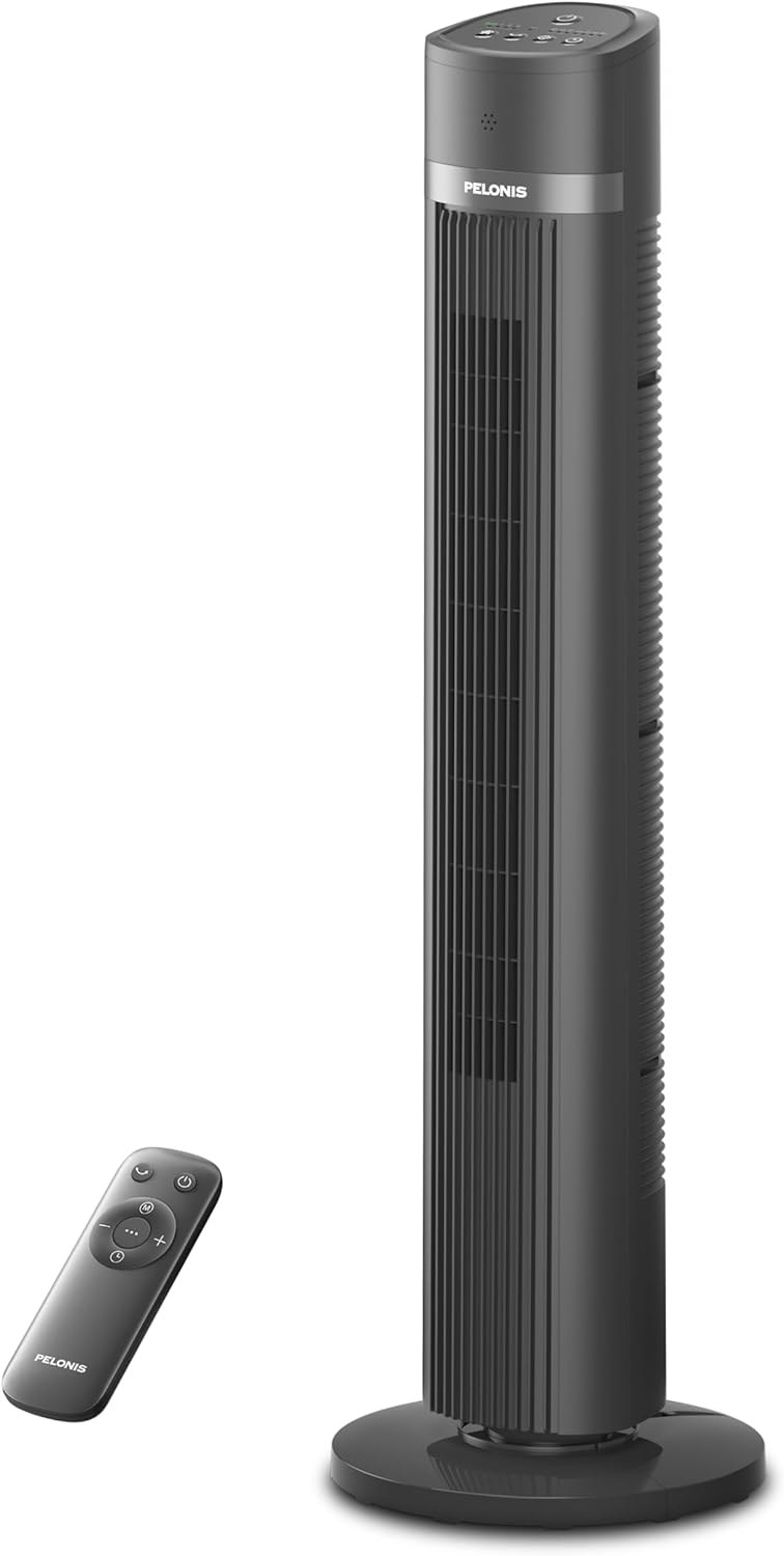 PELONIS 40 inch Bladeless Tower Fan for Bedroom, Standing Fan with Remote Control, 26ft/s, 90° Oscillation, 3 Speed Settings, 27dB, 3 Modes, 15-Hour Timer, LED Display, Fan that Blows Cold Air, White