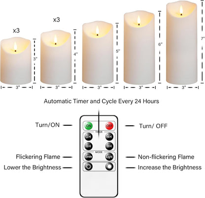 Nimiko Flameless Candles with Remote, Battery Operated Flickering Flameless Candles, LED Candles with Timer 2/4/6/8H, with Realistic LED Candles Set of 9 (D3 x H 3" 4" 5" 6" 7") (Ivory)