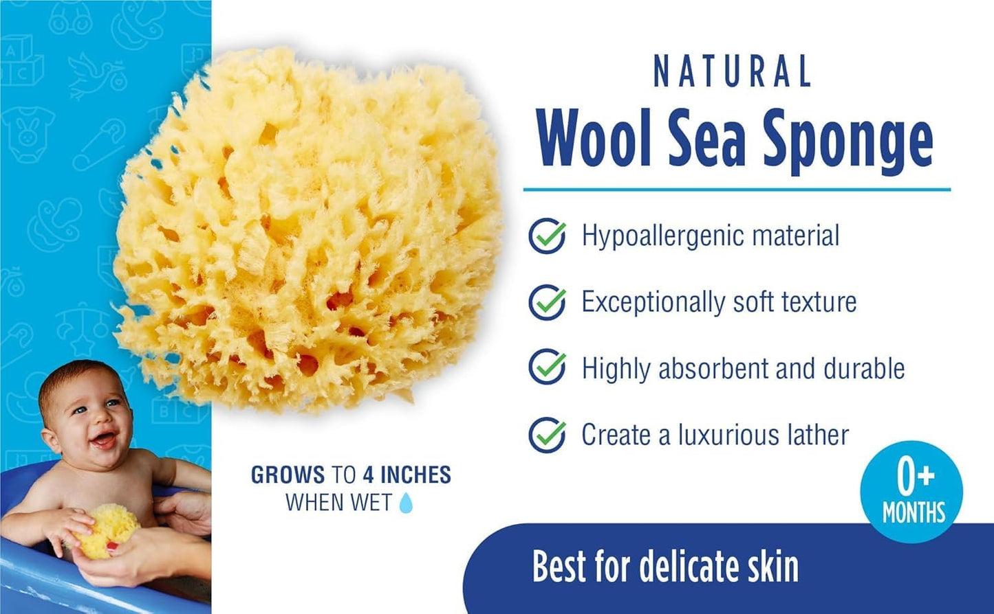 Baby Buddy Natural Wool Sea Sponge, Newborn Bath Time Essential, Ultra Soft for Delicate Skin, Hypoallergenic and Biodegradable, 2 Pack