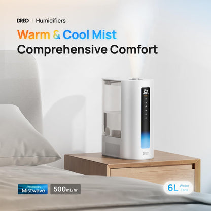 DREO 6L Smart Warm & Cool Mist Humidifiers for Bedroom HM713S | 60-Hour Quiet Runtime for Large Room, 500ML/HR Output, Smart Humidity Sensor, Indicator Light, Works with Alexa & Google