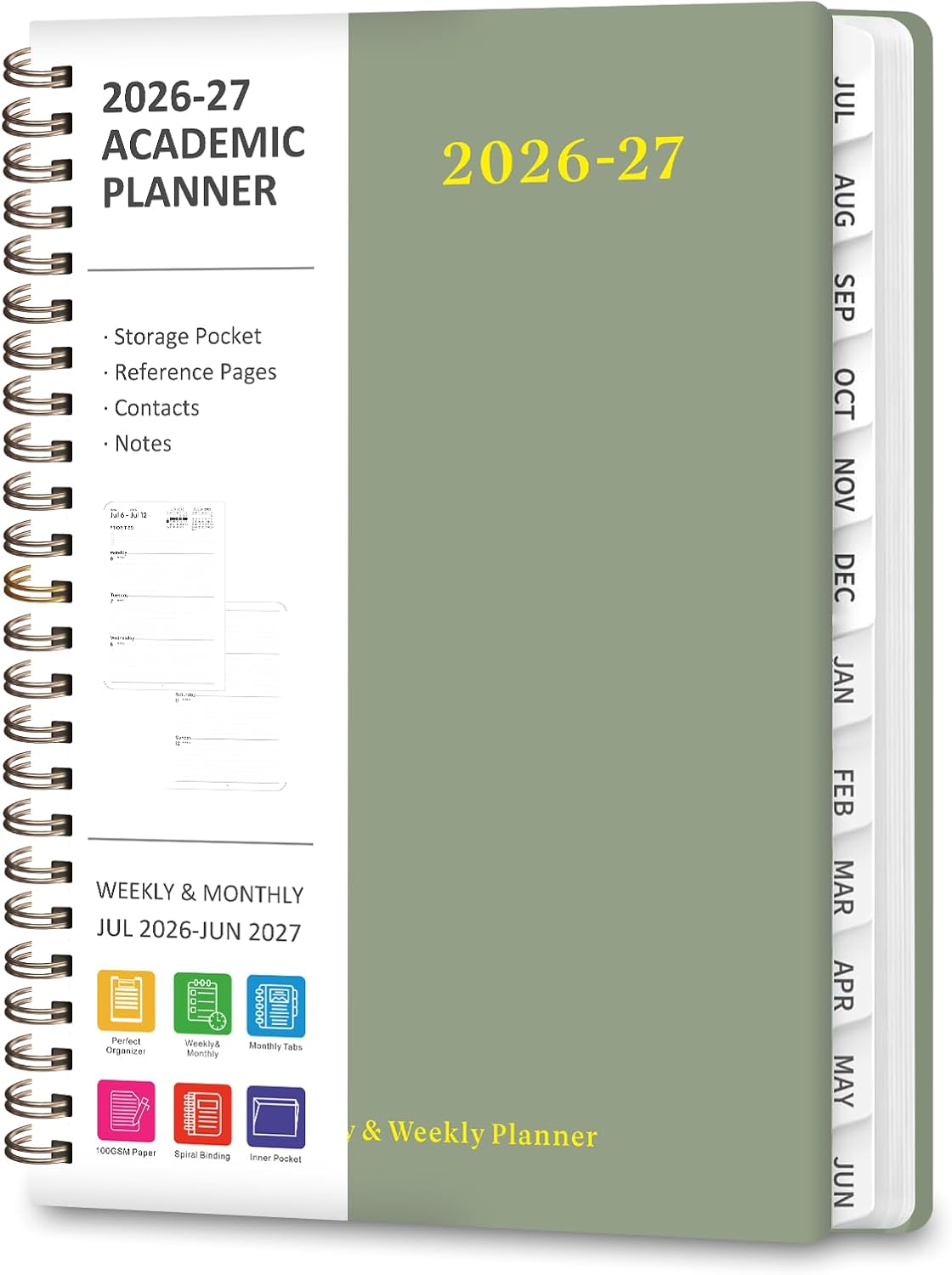 Planner 2026-2027, Weekly and Monthly Calendar Planner, JUL 2026 - JUN 2027 | Academic Year, Daily Agenda Book, A5(6.3'' x 8.5''), Sprial Bound, Inner Pocket, Office School Use