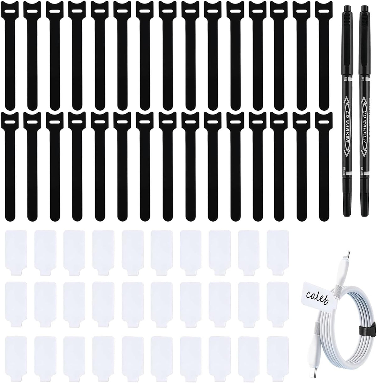 Cable Labels for Cords, 60 Pack Reusable Hook and Loop Ties, 2 Markers