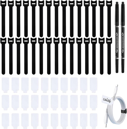 Cable Labels for Cords, 60 Pack Reusable Hook and Loop Ties, 2 Markers
