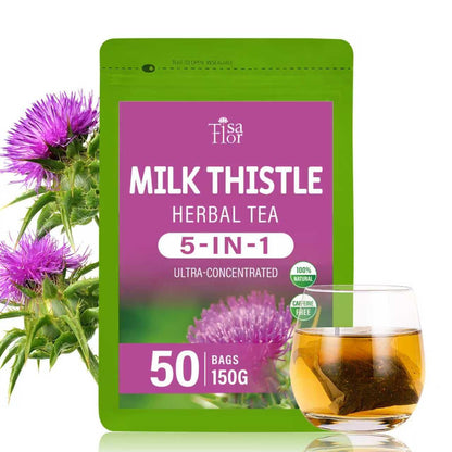 TisaFlor Milk Thistle (Cardo Mariano) Tea Bags for Liver Health, Detox & Immune Support, 5-in-1 Herbal Tea with Dandelion Licorice, Naturally Caffeine-Free - 50 Bags