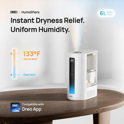 DREO 6L Smart Warm & Cool Mist Humidifiers for Bedroom HM713S | 60-Hour Quiet Runtime for Large Room, 500ML/HR Output, Smart Humidity Sensor, Indicator Light, Works with Alexa & Google