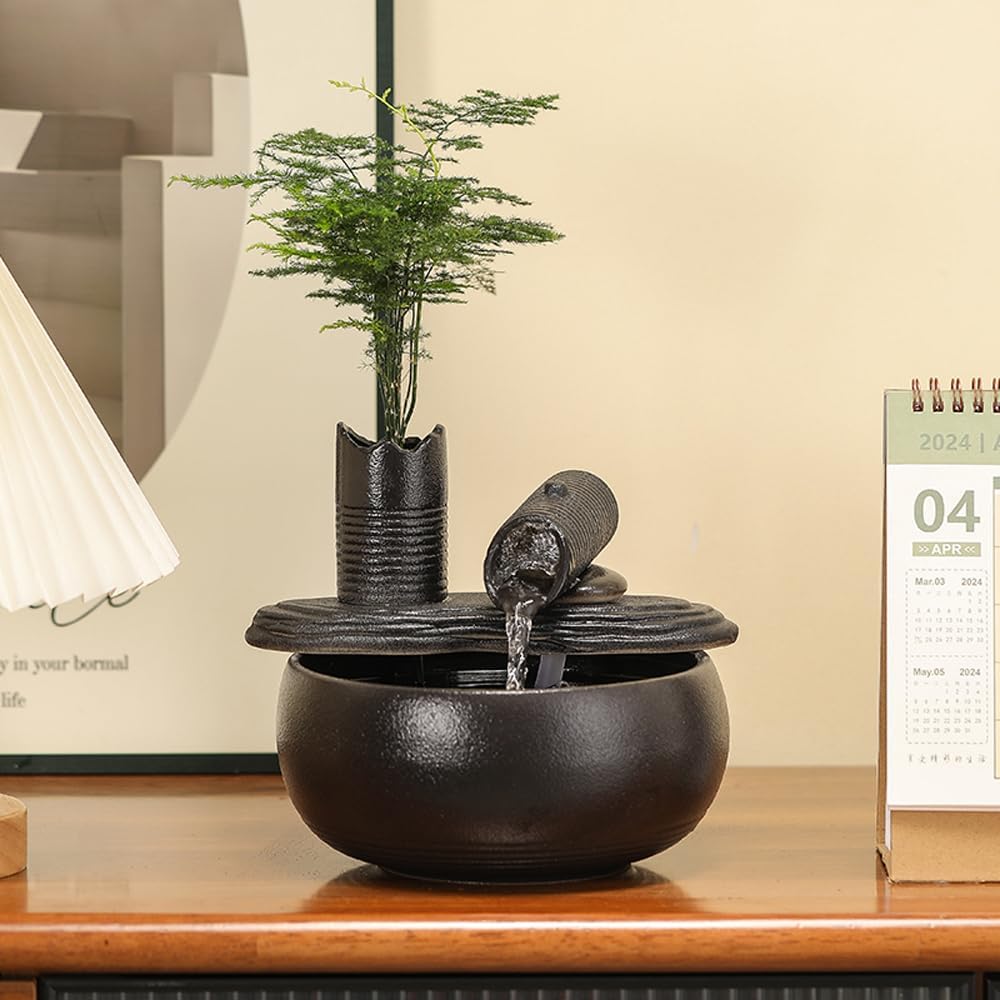 Ceramic Tabletop Fountain Water Feature Fall Indoor and Outdoor Decoration (Black Bamboo A151)