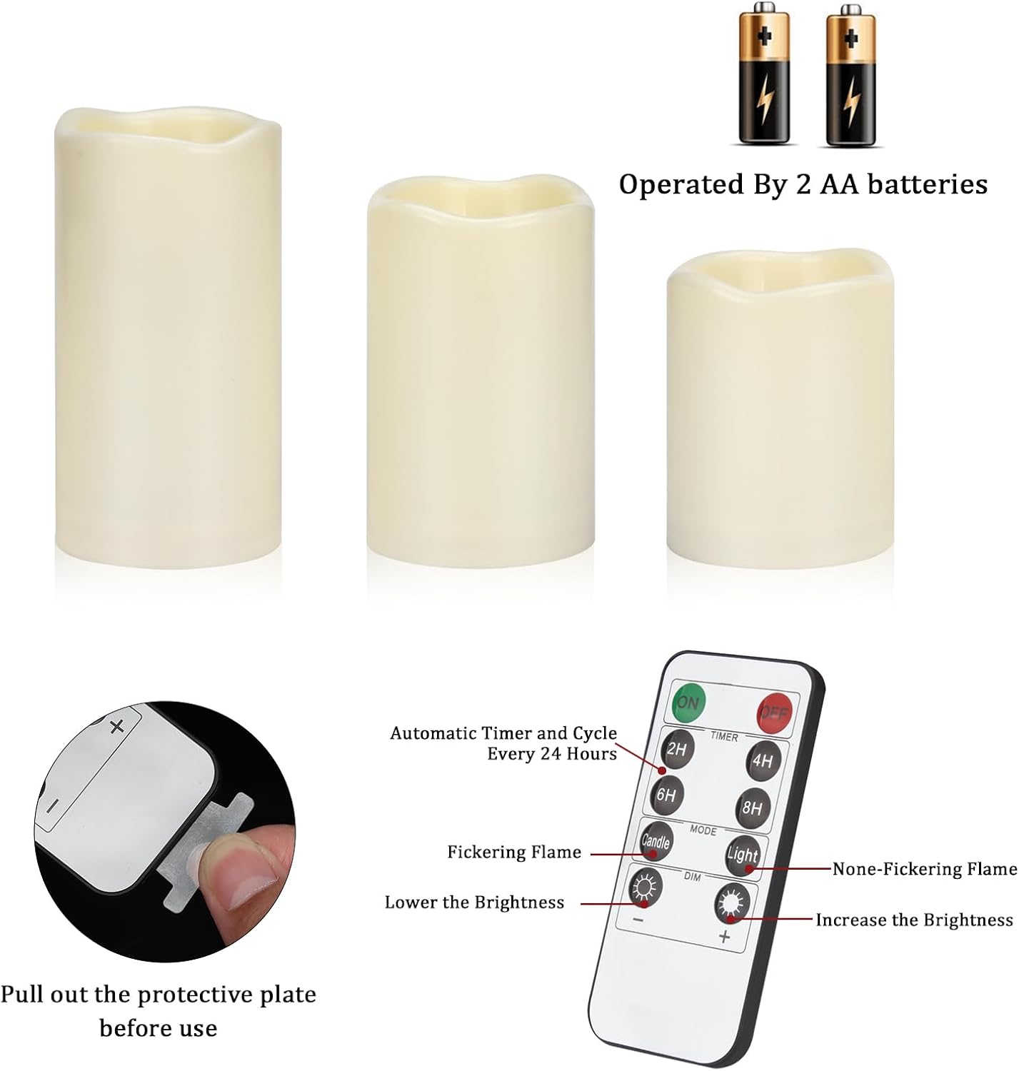 Flameless Candles 4" 5" 6" Set of 3 Outdoor Indoor Ivory Pillars Battery Operated Flickering Candles with Cozy Climbing Flame Effect, 8-Key Remote Timer, Plastic LED Candles for Wedding Decor