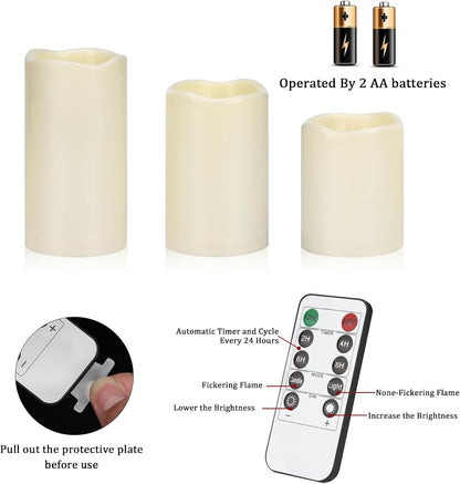 Flameless Candles 4" 5" 6" Set of 3 Outdoor Indoor Ivory Pillars Battery Operated Flickering Candles with Cozy Climbing Flame Effect, 8-Key Remote Timer, Plastic LED Candles for Wedding Decor