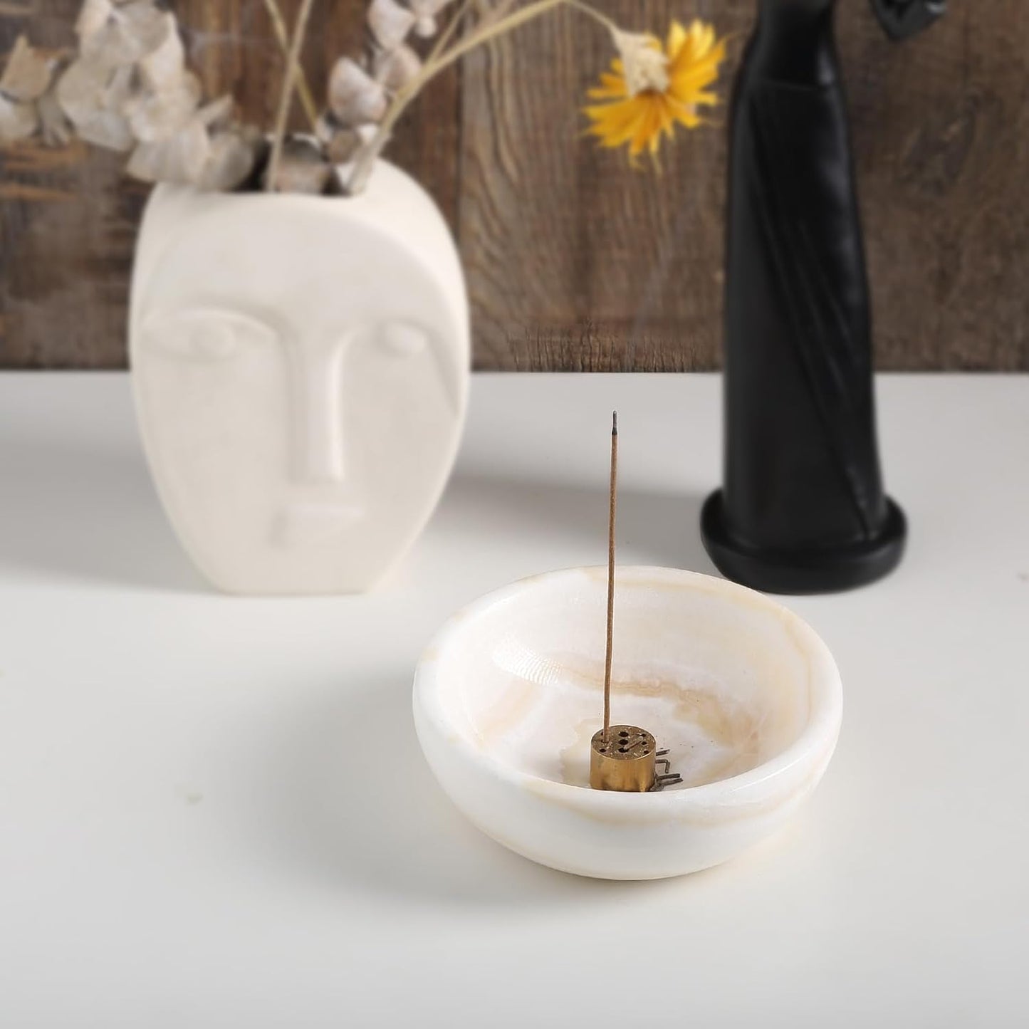 Koville Italian Travertine Incense Holder, 6" Incense Holders for Sticks, Sturdy Incense Burner Ash Catcher, Ideal for Meditation, Relaxing, Easy to Clean