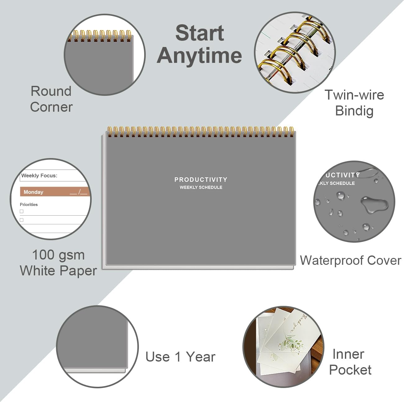 Weekly Productivity Planner - 8" x 11" Dashboard Desk Pad/Planner, Habit Tracker, Spiral Undated Weekly Planner for Office/School/Home, 54 Weeks, Grey
