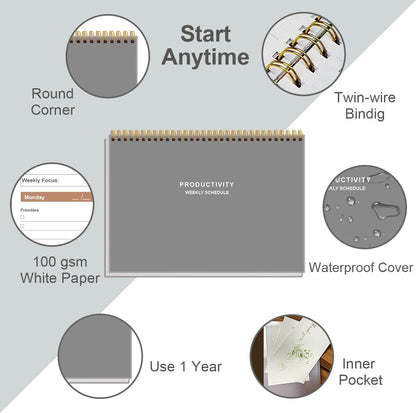 Weekly Productivity Planner - 8" x 11" Dashboard Desk Pad/Planner, Habit Tracker, Spiral Undated Weekly Planner for Office/School/Home, 54 Weeks, Grey